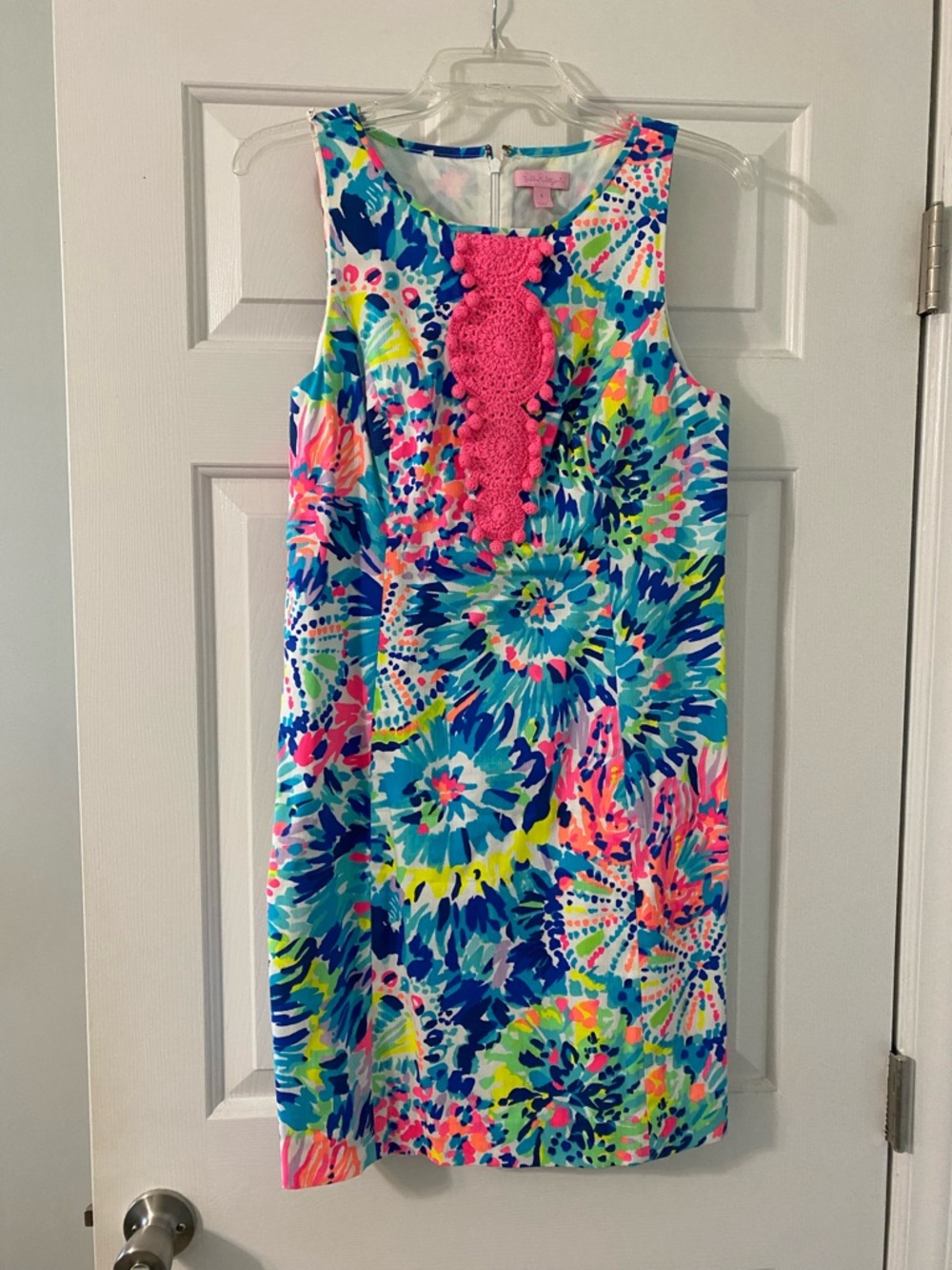 Lilly Pulitzer Bright Multicolor Shift Dress with Pink Crochet Trim
